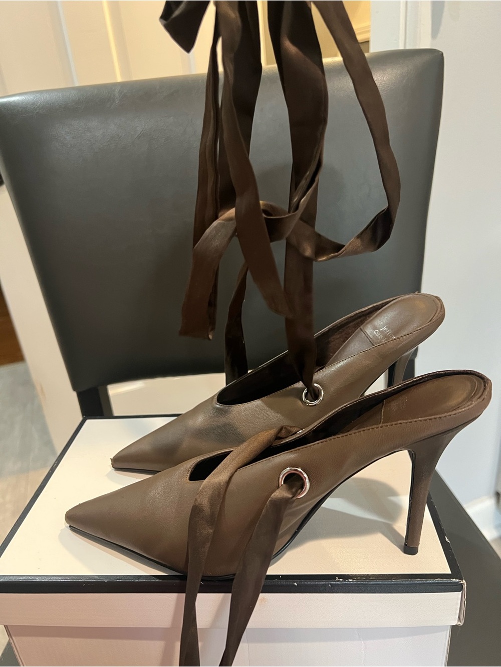 Jeffrey Campbell Grateau Pointed Toe Lace-Up Brown Stiletto Mules